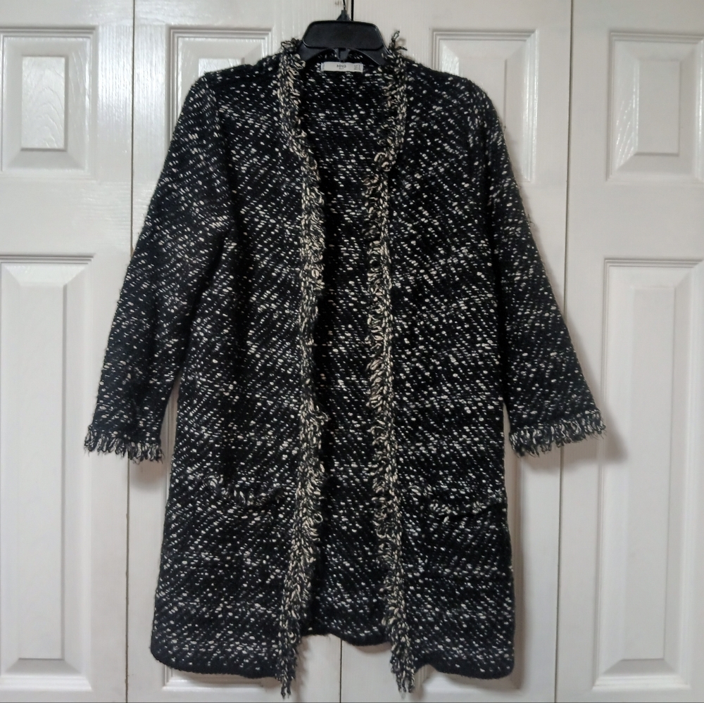 Mango Black and White Tweed Open Front Cardigan